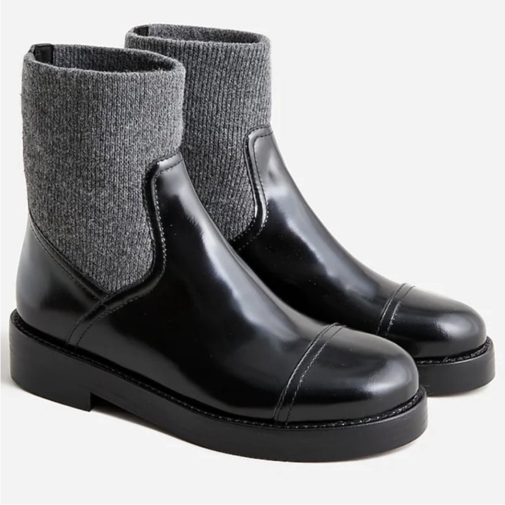 J. CREW Ribbed Cuff Italian Patent Leather Black Boots 7.5